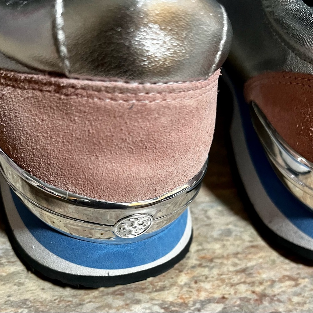 Tory Burch Silver/ Navy/ Sea Victorian Brielle Leather & Suede Sneakers - Picture 14 of 15